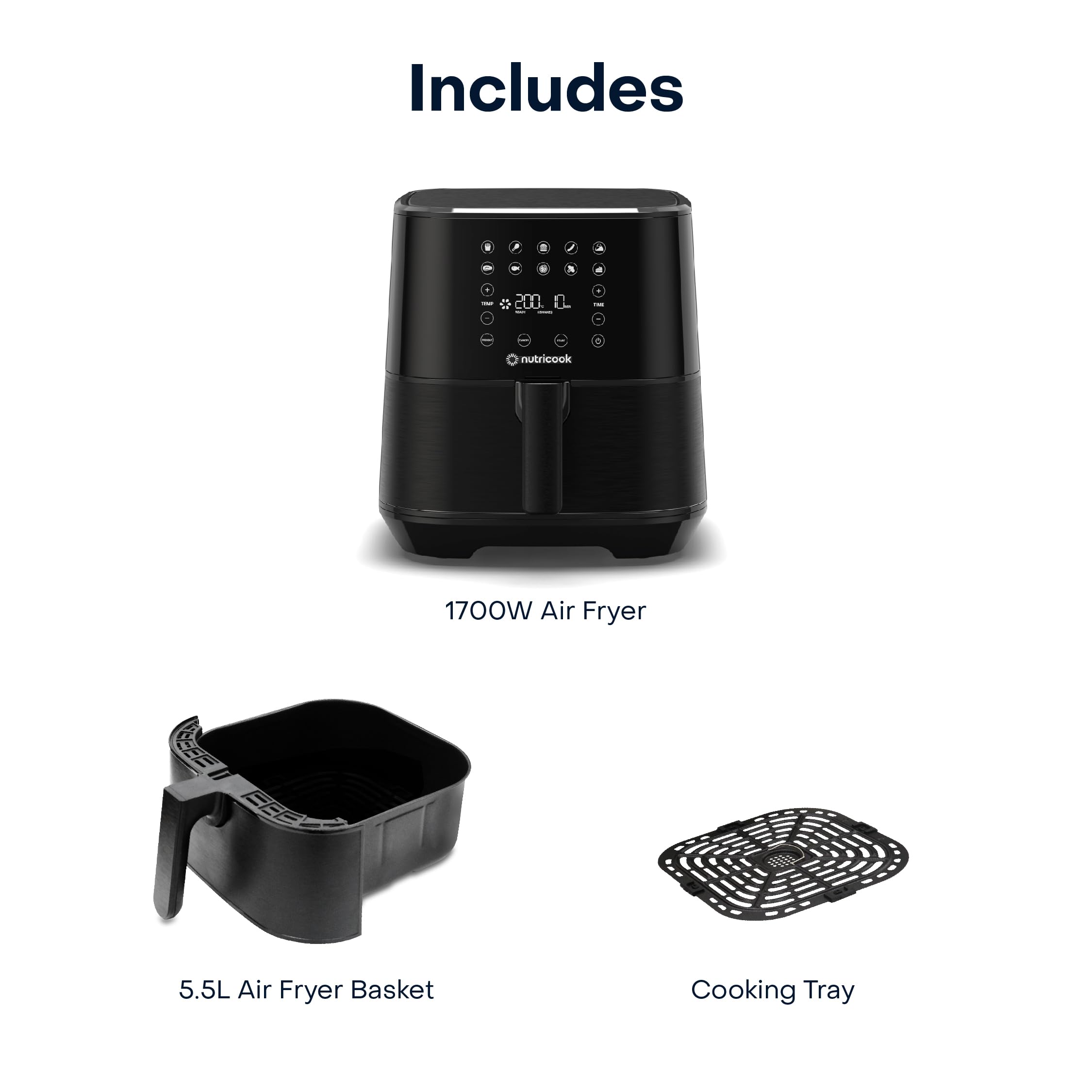 Nutricook Air Fryer 2, 1700 Watts, Digital Control Panel Display, 10 Preset Programs With Built-In Preheat Function, 5.5 Liter Black 1 year Warranty مقلاة هوائية 2 من نيوتري كوك، 1700 واط، لوحة تحكم رقمية بشاشة عرض Nutricook Air Fryer 2, 1700 Watts, Digital Control Panel Display, 10 Preset Programs With Built-In Preheat Function, 5.5 Liter Black 1 year Warranty مقلاة هوائية 2 من نيوتري كوك، 1700 واط، لوحة تحكم رقمية بشاشة عرض